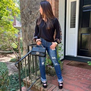 Boho Camouflage Trim Bubble Sleeves Knit Relax Fit Top